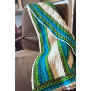 Vintage MCM Ripple Crochet Afghan Teal Green Popcorn Stitch Textured Throw